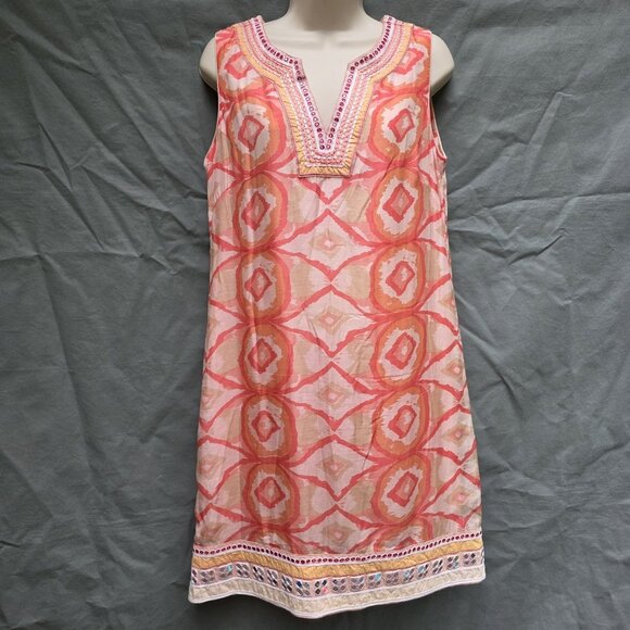 Bella Tu Pink Ikat Size M Shift Dress Embroidered Coastal Sleeveless Beachy - Picture 1 of 7